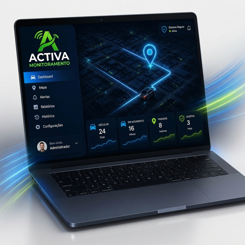Plataforma Activa Monitoramento em um notebook com dashboard de rastreamento em tempo real